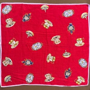 Vintage Red Handkerchief Ornate Teacups Vases Porcelain Items 15”x16”